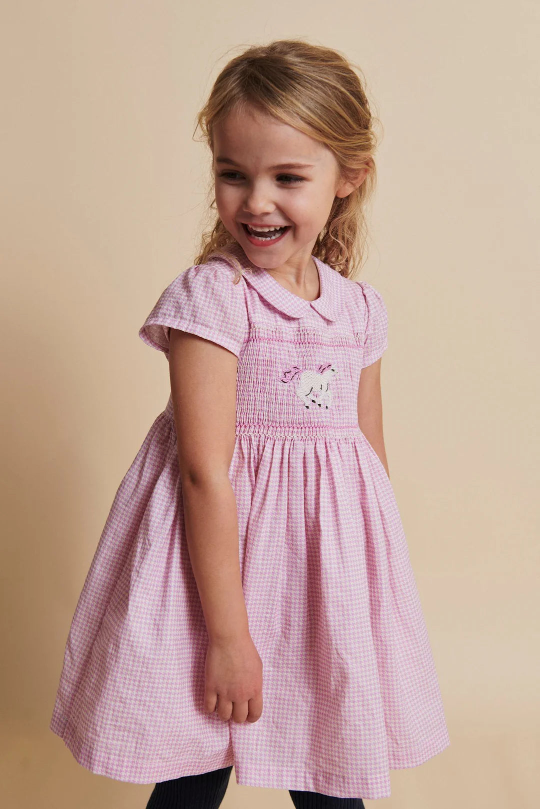 Kariertes Kleid mit Einhorn Stickerei