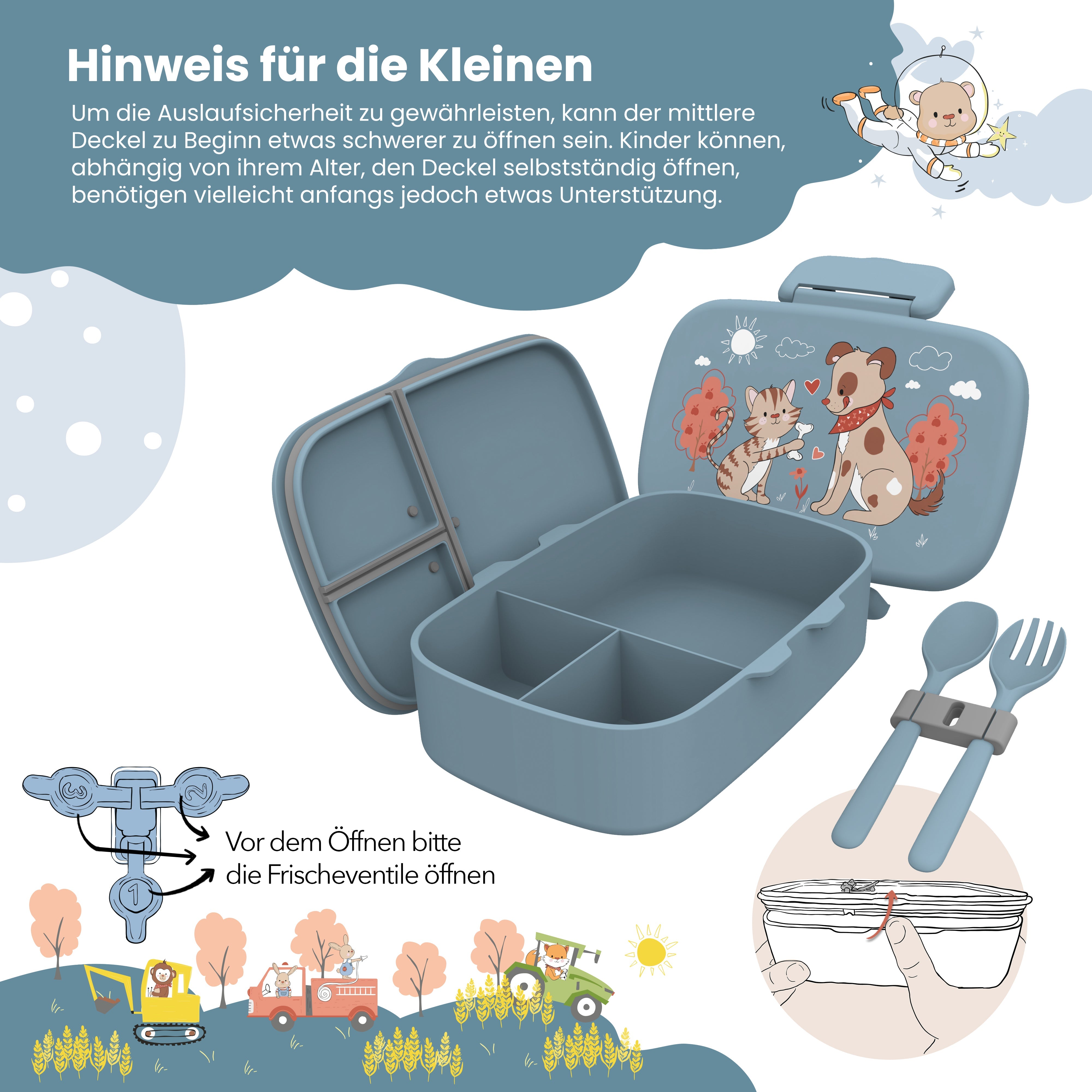 Brotdose Kinder Fächern, leicht & auslaufsicher - Hund Katze
