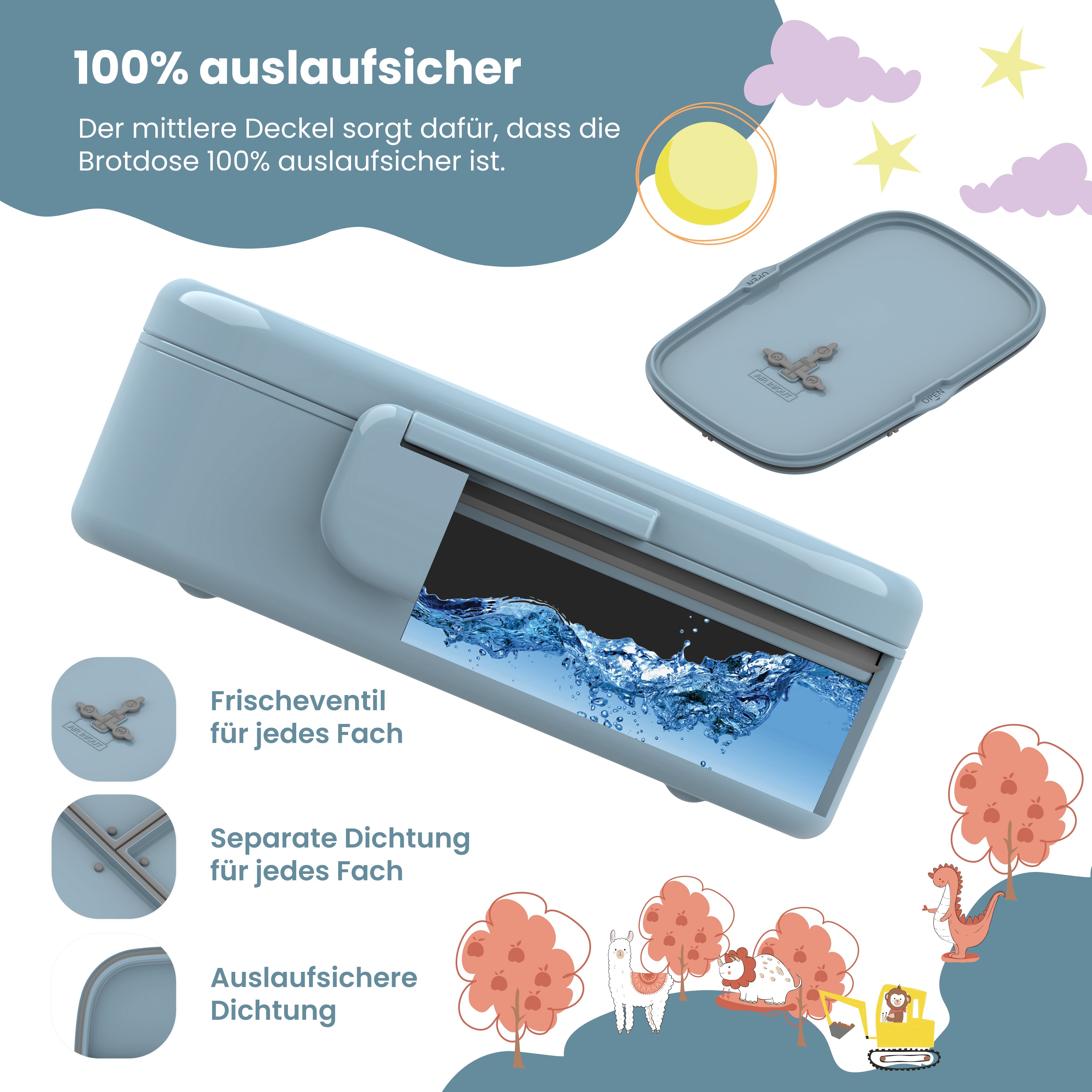 Brotdose Kinder Fächern, leicht & auslaufsicher - Hund Katze